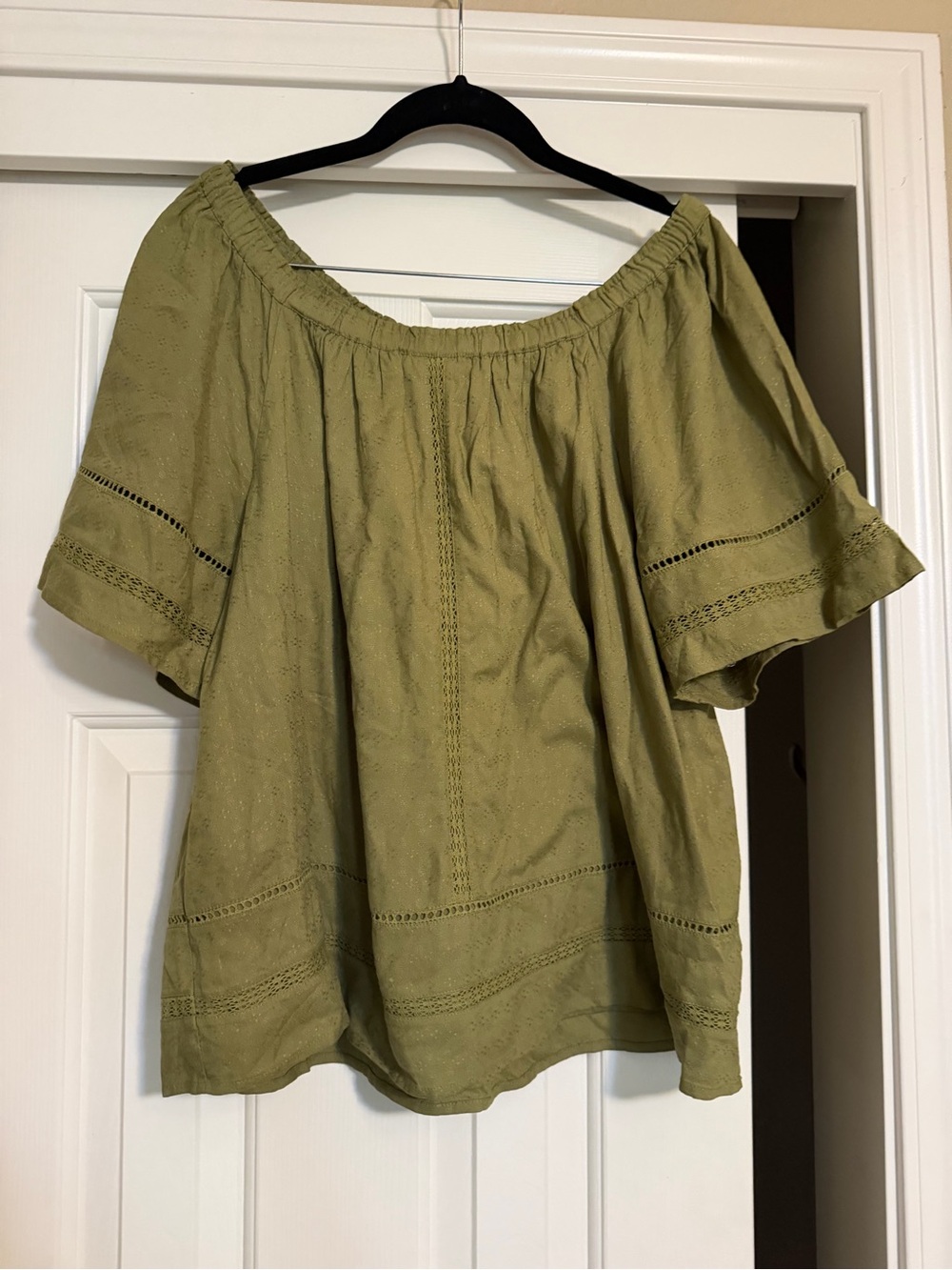 Liverpool Olive Off-Shoulder Eyelet Tunic Top